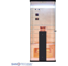 Sanotechnik Infrarotkabine mit Glasfront, Holzinterieur, Sitzbank, digitalem Bedienfeld und Strahlern. Sanotechnik Logo.