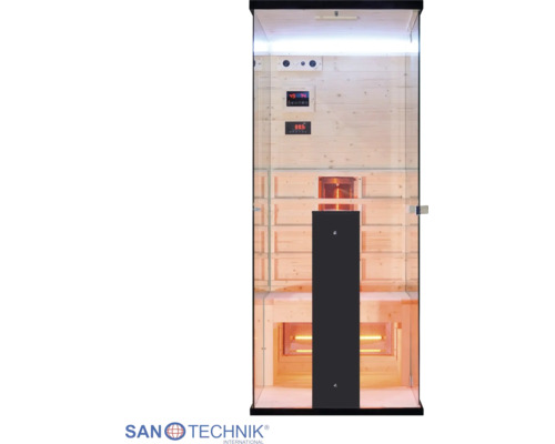 Sanotechnik Infrarotkabine mit Glasfront, Holzinterieur, Sitzbank, digitalem Bedienfeld und Strahlern. Sanotechnik Logo.