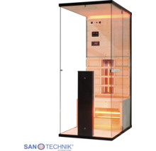 Infrarotkabine mit Glaswänden, Holzinnenverkleidung, Infrarotstrahler, Sitzbank und digitaler Steuerung. Sanotechnik Logo.