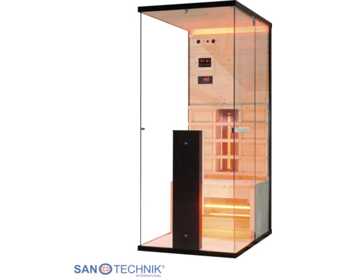 Infrarotkabine mit Glaswänden, Holzinnenverkleidung, Infrarotstrahler, Sitzbank und digitaler Steuerung. Sanotechnik Logo.