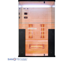 Infrarotkabine mit Glasfront, heller Holzverkleidung, Infrarotstrahlern und digitaler Steuerung. Sanotechnik International Logo.