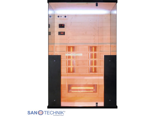 Infrarotkabine mit Glasfront, heller Holzverkleidung, Infrarotstrahlern und digitaler Steuerung. Sanotechnik International Logo.