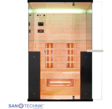 Sanotechnik Infrarotkabine mit Glasfront, Holzinnenausstattung, Innenbeleuchtung und digitalem Bedienfeld.