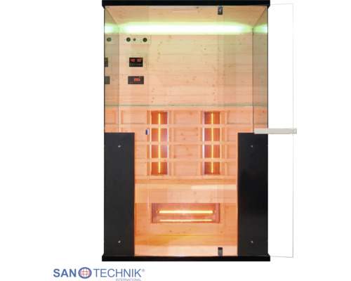 Sanotechnik Infrarotkabine mit Glasfront, Holzinnenausstattung, Innenbeleuchtung und digitalem Bedienfeld.