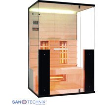Moderne Infrarotkabine mit Glasfront, Innenausbau aus hellem Holz, Sitzbank, digitaler Steuerung und integrierten Infrarotstrahlern.