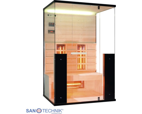 Moderne Infrarotkabine mit Glasfront, Innenausbau aus hellem Holz, Sitzbank, digitaler Steuerung und integrierten Infrarotstrahlern.
