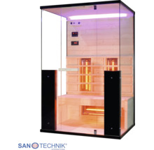 Sanotechnik Infrarotkabine mit Glaswänden, Holzinnenverkleidung, Sitzbank und Infrarotstrahlern sowie Sanotechnik International Logo.