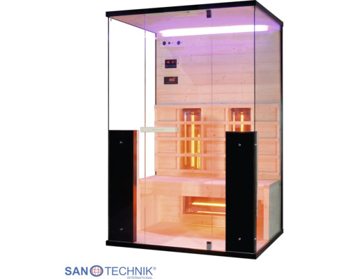 Sanotechnik Infrarotkabine mit Glaswänden, Holzinnenverkleidung, Sitzbank und Infrarotstrahlern sowie Sanotechnik International Logo.