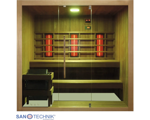 Innenansicht einer modernen Kombisauna aus Holz mit zwei Sitzbänken, Glasfront, Saunaofen und drei Infrarotstrahlern. Sanotechnik Logo.