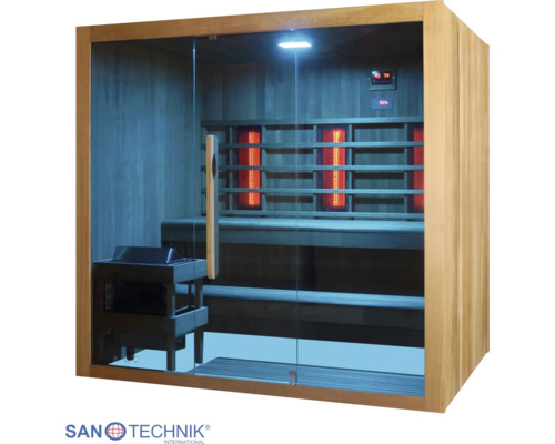 Moderne, helle Holzsauna mit Glasfront, zwei Holzbänken, einem Saunaofen und Infrarotstrahlern. Sanotechnik International Logo.