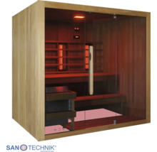 Infrarotkabine aus Holz mit Glasfront, Holzbänken und Infrarotstrahlern. Sanotechnik International Logo.