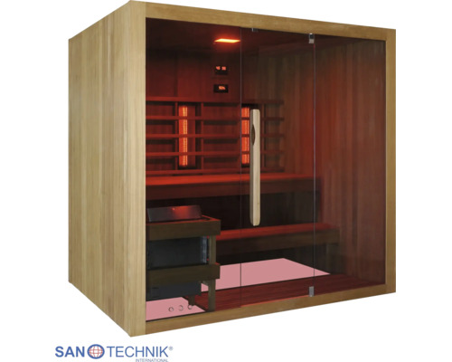 Infrarotkabine aus Holz mit Glasfront, Holzbänken und Infrarotstrahlern. Sanotechnik International Logo.