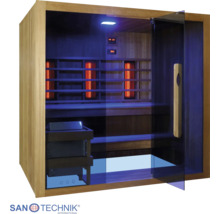 Infrarotkabine von Sanotechnik aus Holz mit Glasfront, Sitzbänken, Infrarotstrahlern und digitaler Steuerung.