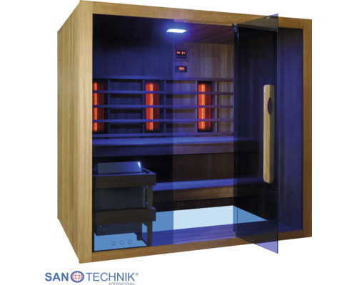 Infrarotkabine von Sanotechnik aus Holz mit Glasfront, Sitzbänken, Infrarotstrahlern und digitaler Steuerung.