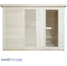 Sanotechnik Sauna aus Holz mit Glastür und Holzlamellen.