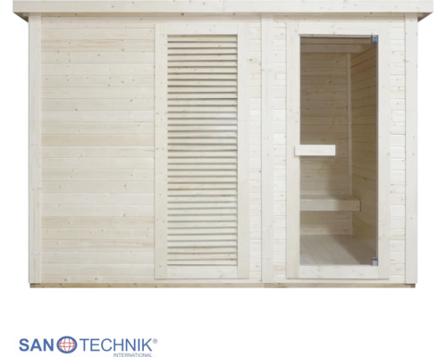 Sanotechnik Sauna aus Holz mit Glastür und Holzlamellen.