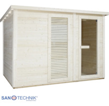 Sanotechnik Außensauna aus Holz für den Garten mit Glastür und Lamellenfenster.