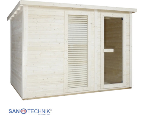 Sanotechnik Außensauna aus Holz für den Garten mit Glastür und Lamellenfenster.