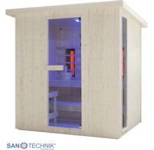 Sanotechnik Infrarotkabine aus hellem Holz mit Glastür, Seitenfenster und Innenbänken. Sanotechnik Logo.