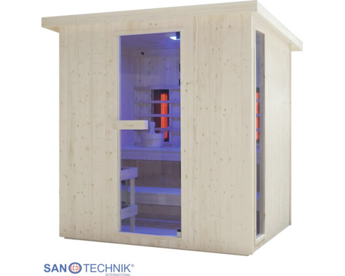 Sanotechnik Infrarotkabine aus hellem Holz mit Glastür, Seitenfenster und Innenbänken. Sanotechnik Logo.