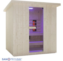 Sanotechnik Infrarotkabine aus Holz mit Glastür, Holzbänken und Innenbeleuchtung. Sanotechnik Logo.