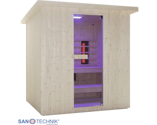 Sanotechnik Infrarotkabine aus Holz mit Glastür, Holzbänken und Innenbeleuchtung. Sanotechnik Logo.