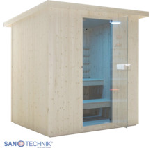 Sanotechnik Holzsauna mit Glastür und Sitzbänken aus Massivholz. Sanotechnik International Logo.