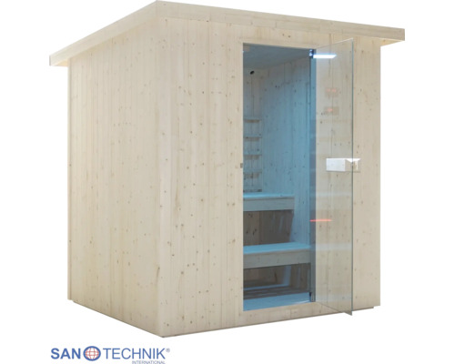 Sanotechnik Holzsauna mit Glastür und Sitzbänken aus Massivholz. Sanotechnik International Logo.