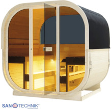 Ovale Gartensauna aus Holz mit Glasfront, Innenbeleuchtung und Sitzbänken auf zwei Ebenen. Sanotechnik International Logo.