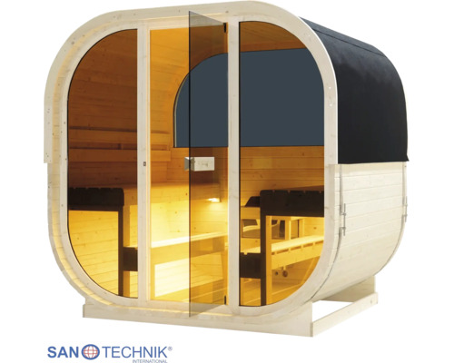 Ovale Gartensauna aus Holz mit Glasfront, Innenbeleuchtung und Sitzbänken auf zwei Ebenen. Sanotechnik International Logo.