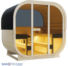 Ovale Gartensauna aus Holz mit Glasfront, zweistufigen Sitzbänken und Innenbeleuchtung. Santechnik International Logo.