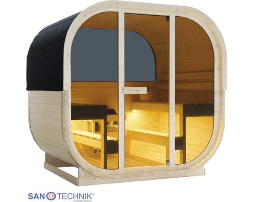 Ovale Gartensauna aus Holz mit Glasfront, zweistufigen Sitzbänken und Innenbeleuchtung. Santechnik International Logo.