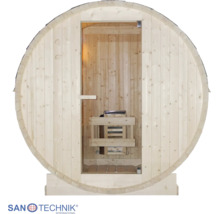 Fasssauna aus hellem Holz mit Glastür und Saunaofen. Sanotechnik International Logo.