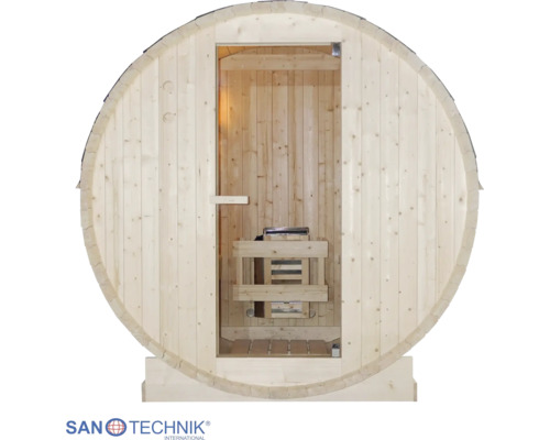 Fasssauna aus hellem Holz mit Glastür und Saunaofen. Sanotechnik International Logo.