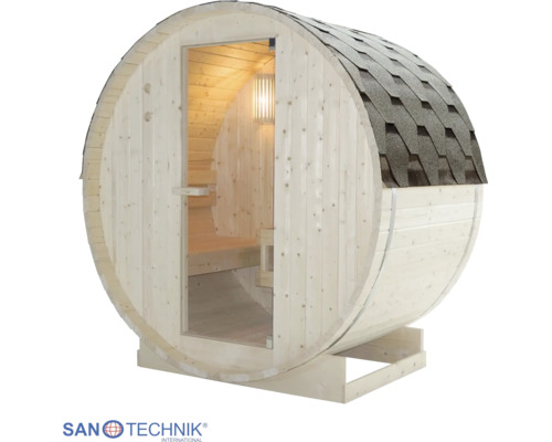 Runde Fasssauna aus hellem Holz mit Glasfront, dunklen Dachschindeln und Innenbeleuchtung. Sanotechnik Logo.