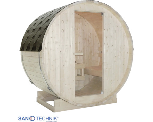 Fasssauna aus hellem Holz mit Glastür, Schindeldach und Innenbänken auf Holzsockel. Sanotechnik International Logo.