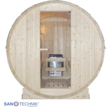 Runde Fasssauna aus hellem Holz mit Glastür, inklusive Saunaofen und Holzbänken im Innenraum.