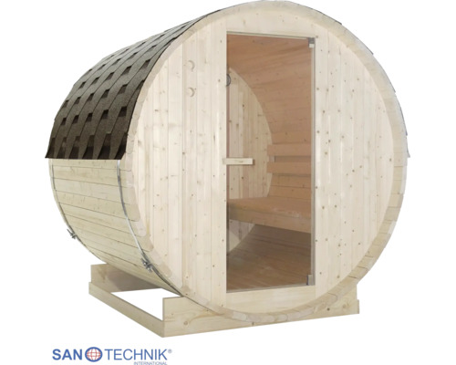 Fasssauna aus hellem Holz mit einer Ganzglastür, einem dunklen Schindeldach und einem stabilen Holzunterbau. SanoTechnik Logo.