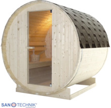 Fasssauna aus Holz mit Glastür, Dach mit Bitumenschindeln, Innenraum mit Sitzbank, Saunakübel und Sanotechnik International Logo.