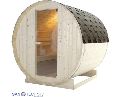 Fasssauna aus Holz mit Glastür, Dach mit Bitumenschindeln, Innenraum mit Sitzbank, Saunakübel und Sanotechnik International Logo.