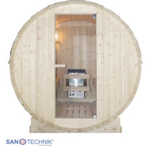 Fasssauna aus Holz mit Glastür und Innenansicht auf Saunaofen sowie Sitzbänke.