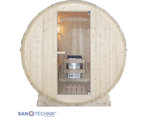 Fasssauna aus Holz mit Glastür und Innenansicht auf Saunaofen sowie Sitzbänke.