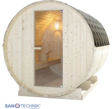 Fasssauna aus hellem Holz mit Glastür, Innenraum mit Holzbänken und Beleuchtung.