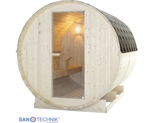 Fasssauna aus hellem Holz mit Glastür, Innenraum mit Holzbänken und Beleuchtung.