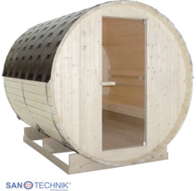 Fasssauna aus hellem Holz mit dunklem Schindeldach, einer Glastür und Holzbänken im Innenraum. SanoTechnik Logo.