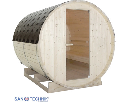 Fasssauna aus hellem Holz mit dunklem Schindeldach, einer Glastür und Holzbänken im Innenraum. SanoTechnik Logo.