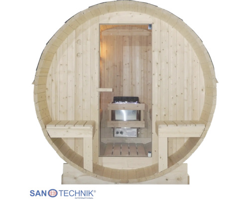 Sanotechnik Fasssauna aus hellem Holz mit Glastür, Außenbänken und Saunaofen im Innenraum. Sanotechnik International Logo.