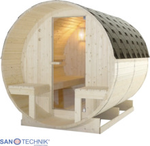 Sanotechnik Fasssauna aus Holz mit Glastür, Innenbänken und Schindeldach.