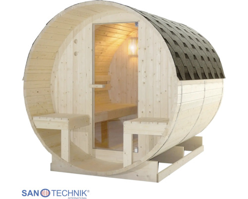 Sanotechnik Fasssauna aus Holz mit Glastür, Innenbänken und Schindeldach.