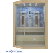 Infrarotkabine aus Holz mit Glasfront, Steinoptik-Rückwand, zwei Sitzebenen, Infrarotstrahlern und LED-Beleuchtung.
